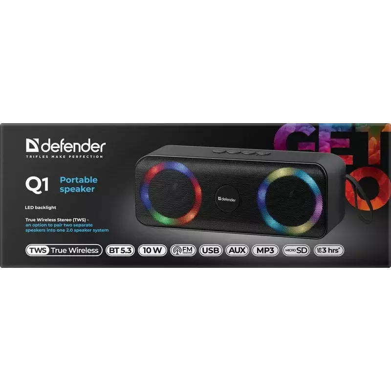 Kannettava Bluetooth-mono-kaiutin DEFENDER Q1 musta, 10 W RMS, 1200 mAh, Bluetooth 5.0, MicroSD, FM, AUX, USB