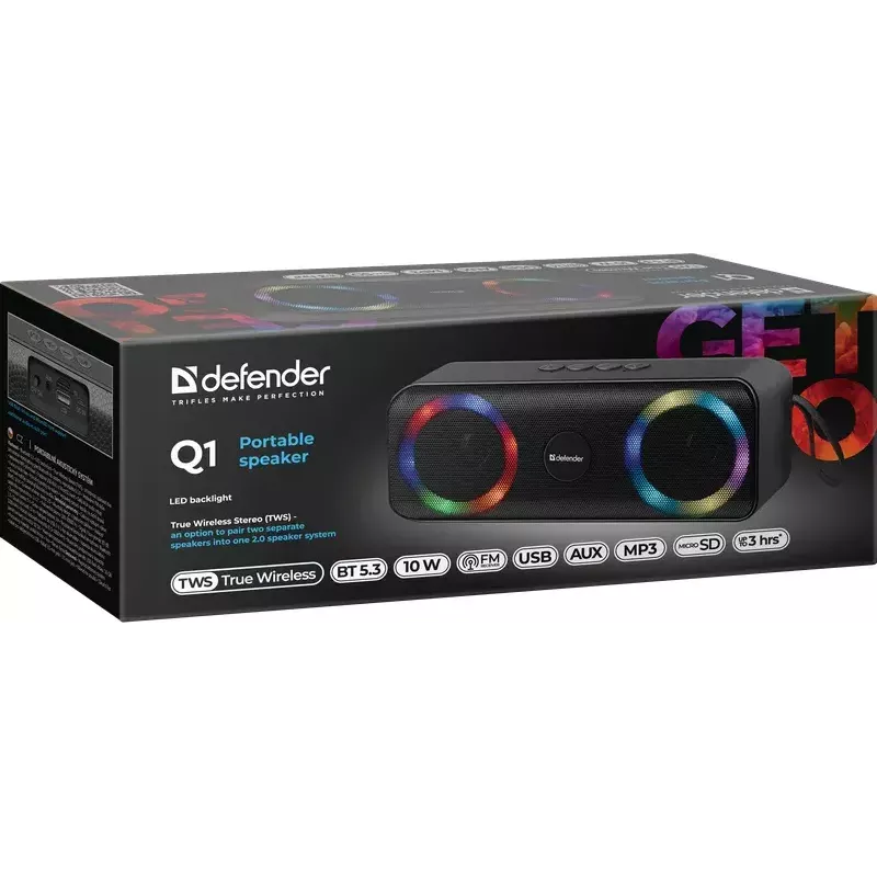 Kannettava Bluetooth-mono-kaiutin DEFENDER Q1 musta, 10 W RMS, 1200 mAh, Bluetooth 5.0, MicroSD, FM, AUX, USB