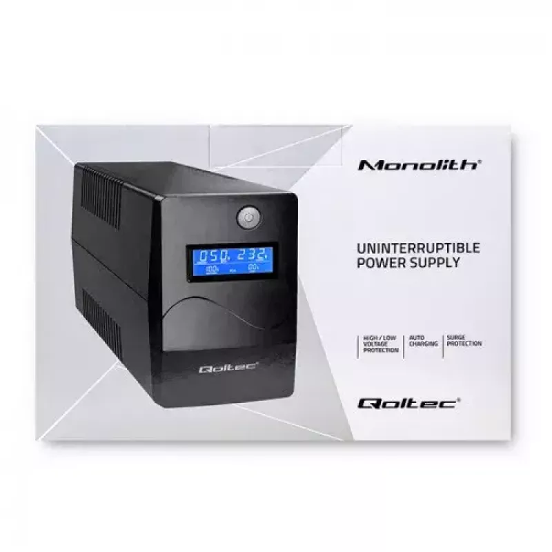 Qoltec Monolith 53979 UPS-laite, line-interactive, 850 VA / 480 W, 2 Schuko-pistorasiaa, LCD, USB, RJ45