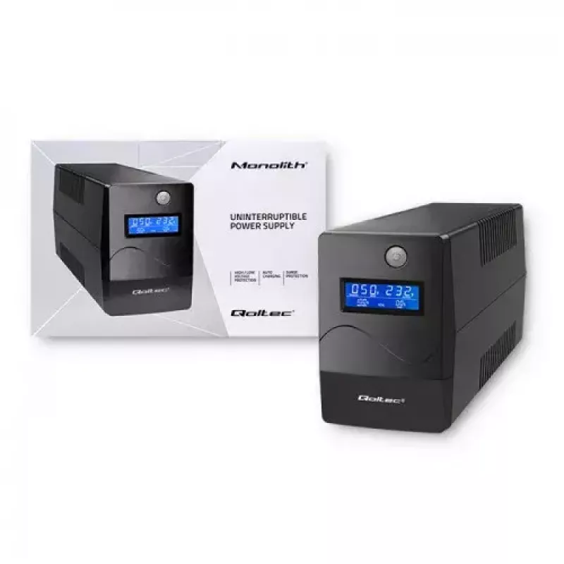 Qoltec Monolith 53979 UPS-laite, line-interactive, 850 VA / 480 W, 2 Schuko-pistorasiaa, LCD, USB, RJ45