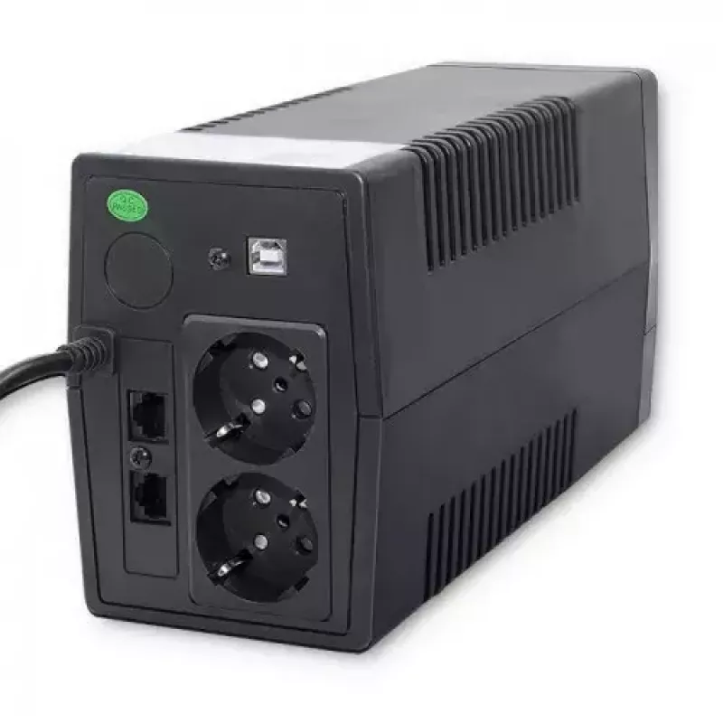 Qoltec Monolith 53979 UPS-laite, line-interactive, 850 VA / 480 W, 2 Schuko-pistorasiaa, LCD, USB, RJ45