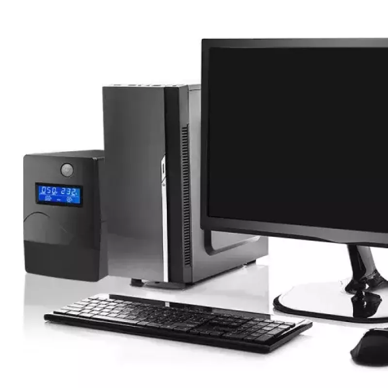 Qoltec Monolith 53979 UPS-laite, line-interactive, 850 VA / 480 W, 2 Schuko-pistorasiaa, LCD, USB, RJ45