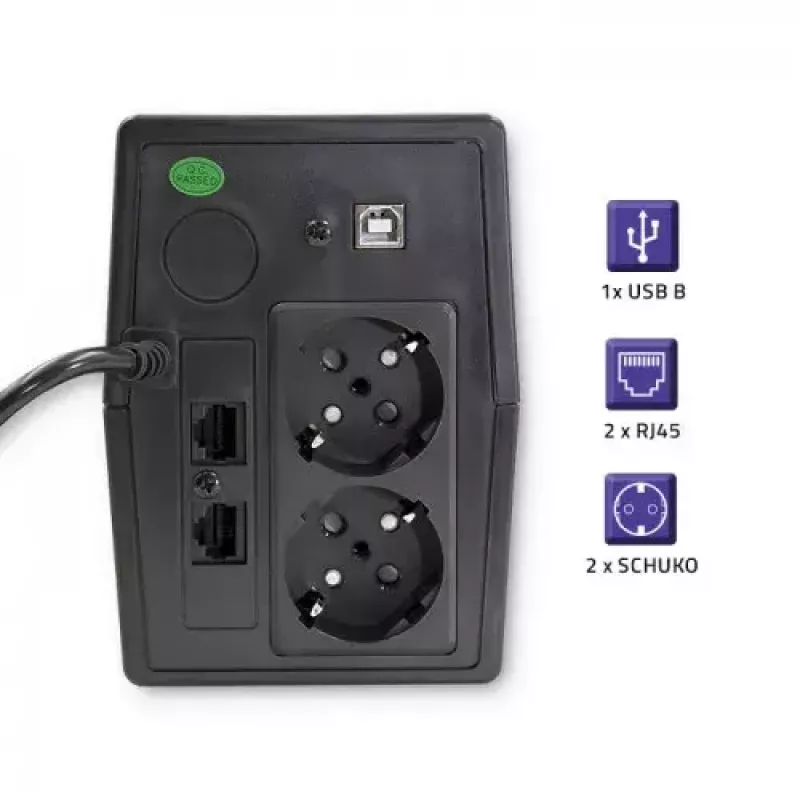 Qoltec Monolith 53979 UPS-laite, line-interactive, 850 VA / 480 W, 2 Schuko-pistorasiaa, LCD, USB, RJ45