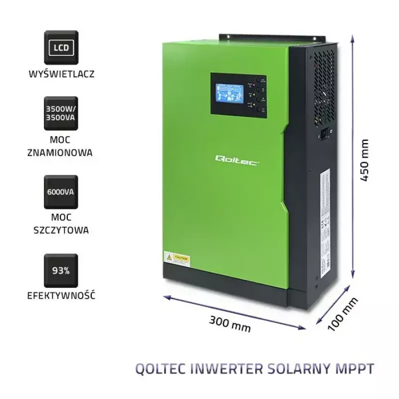 Qoltec 53886 off-grid-hybridiaurinkoinvertteri, 3,5 kW, 100 A MPPT, 24 V, puhdas siniaalto