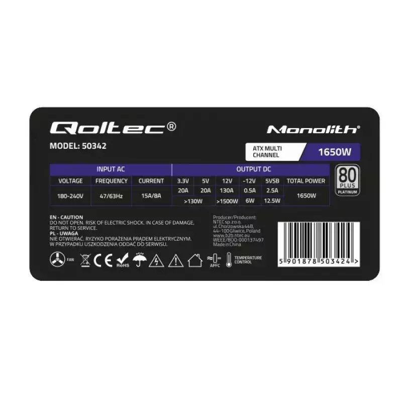 Virtalähde Qoltec 50342 1650W