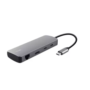 TRUST 25672 USB Type-C -keskitin — HDMI, RJ-45, USB 3.2 Gen 1 Type-A/Type-C, SD/MicroSD, harmaa
