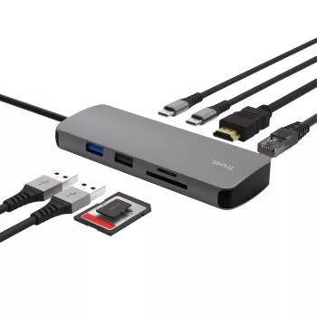 TRUST 25672 USB Type-C -keskitin — HDMI, RJ-45, USB 3.2 Gen 1 Type-A/Type-C, SD/MicroSD, harmaa
