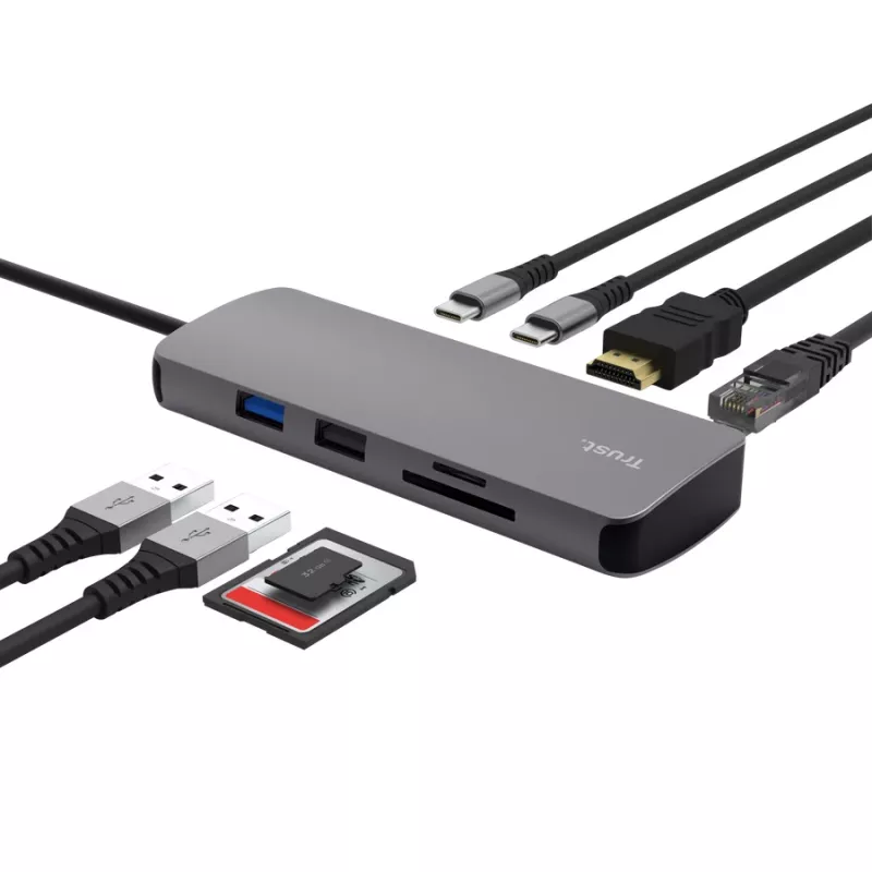 TRUST 25672 USB Type-C -keskitin — HDMI, RJ-45, USB 3.2 Gen 1 Type-A/Type-C, SD/MicroSD, harmaa