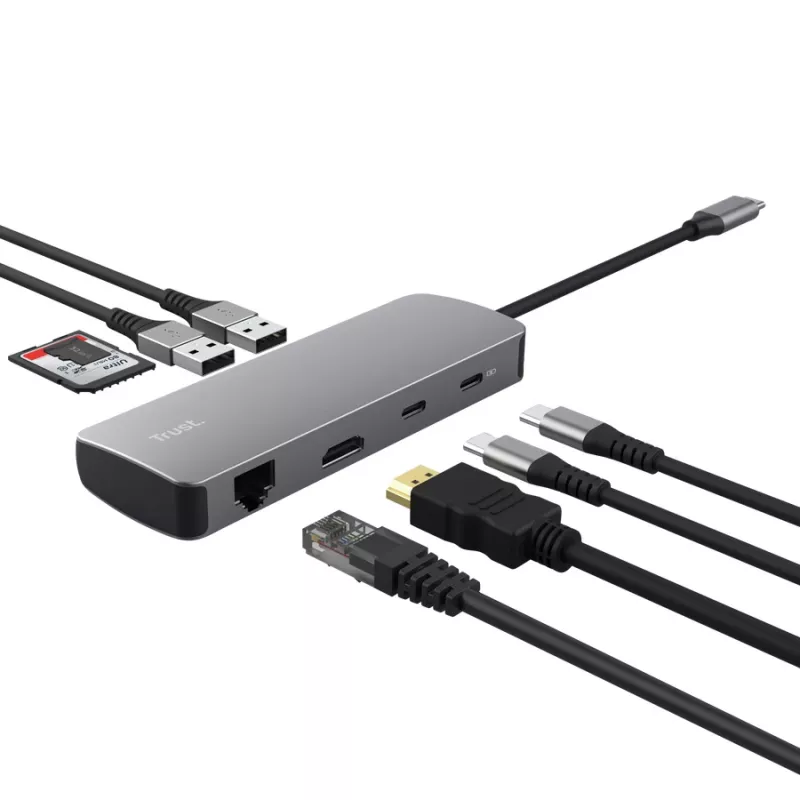 TRUST 25672 USB Type-C -keskitin — HDMI, RJ-45, USB 3.2 Gen 1 Type-A/Type-C, SD/MicroSD, harmaa