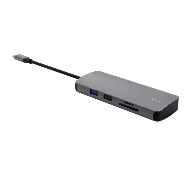 TRUST 25672 USB Type-C -keskitin — HDMI, RJ-45, USB 3.2 Gen 1 Type-A/Type-C, SD/MicroSD, harmaa