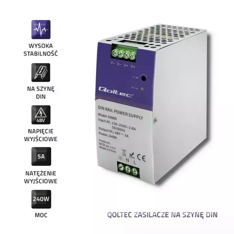 DIN-kiskovirtalähde QOLTEC 50999, 240W, 48V DC, 5A lähtö