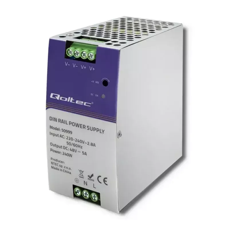 DIN-kiskovirtalähde QOLTEC 50999, 240W, 48V DC, 5A lähtö