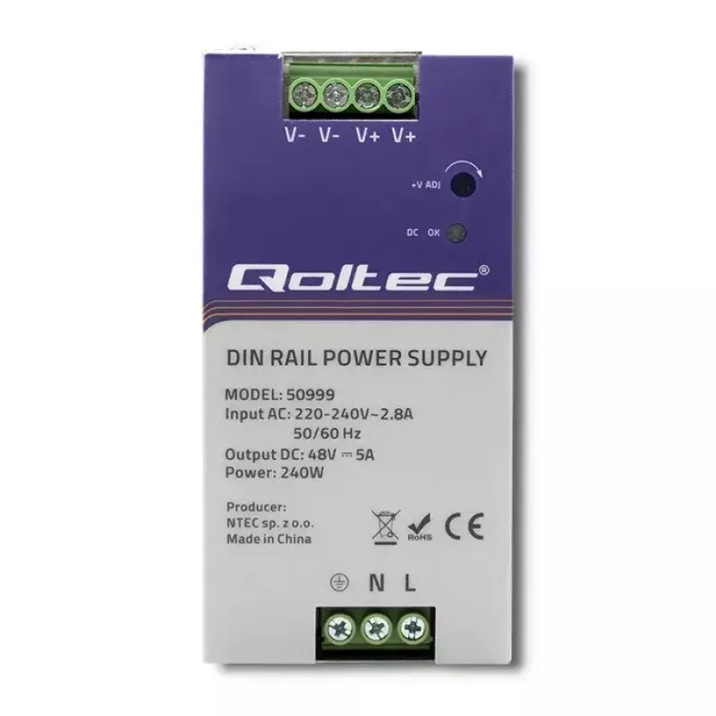 DIN-kiskovirtalähde QOLTEC 50999, 240W, 48V DC, 5A lähtö