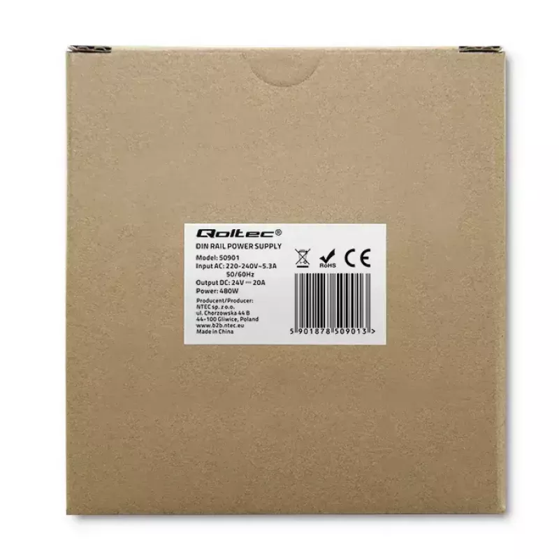 Teollinen DIN-kiskovirtalähde QOLTEC 50901 — 480W, 24V DC, 20A