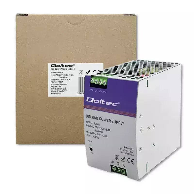 Teollinen DIN-kiskovirtalähde QOLTEC 50901 — 480W, 24V DC, 20A