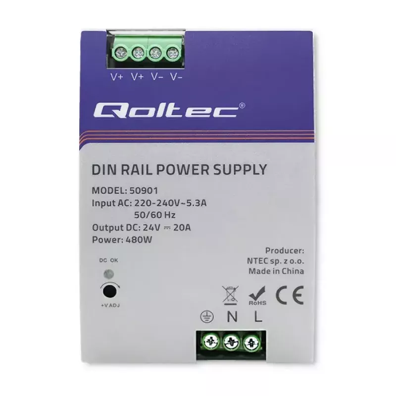 Teollinen DIN-kiskovirtalähde QOLTEC 50901 — 480W, 24V DC, 20A
