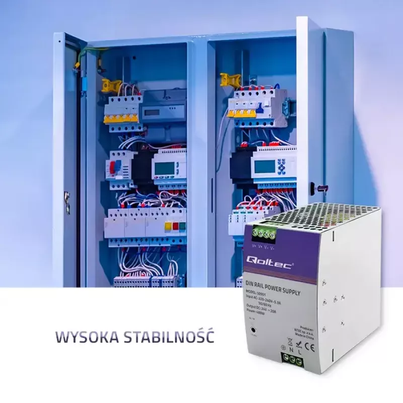 Teollinen DIN-kiskovirtalähde QOLTEC 50901 — 480W, 24V DC, 20A