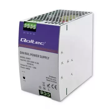 Teollinen DIN-kiskovirtalähde QOLTEC 50901 — 480W, 24V DC, 20A