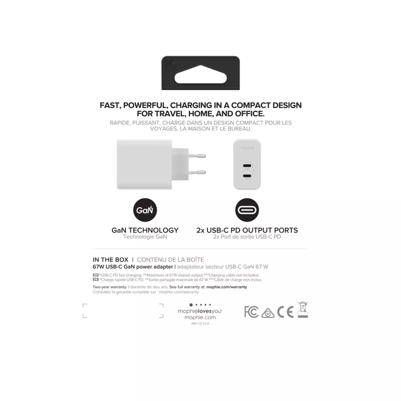 mophie lisävarusteet seinälaturi USB-C-PD-DUAL-67W-GAN valkoinen EU (2xUSBC)