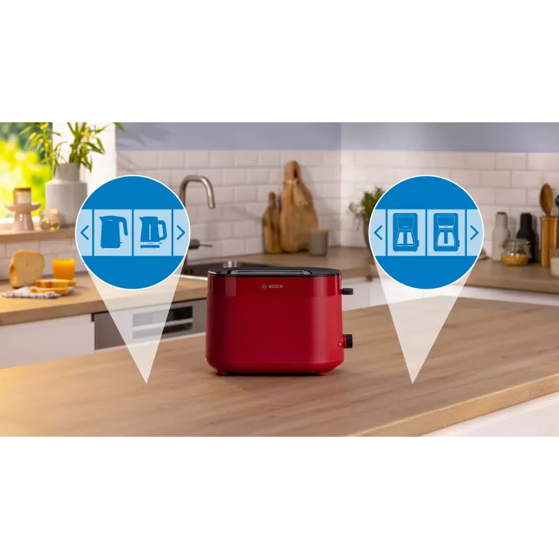 Leivänpaahdin Bosch TAT2M124 — 2 viipaletta 950 W, punainen, leivän keskitys, sulatus, nosto