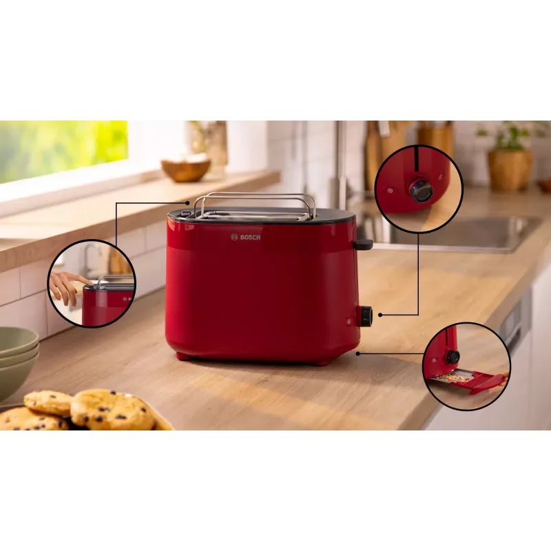 Leivänpaahdin Bosch TAT2M124 — 2 viipaletta 950 W, punainen, leivän keskitys, sulatus, nosto