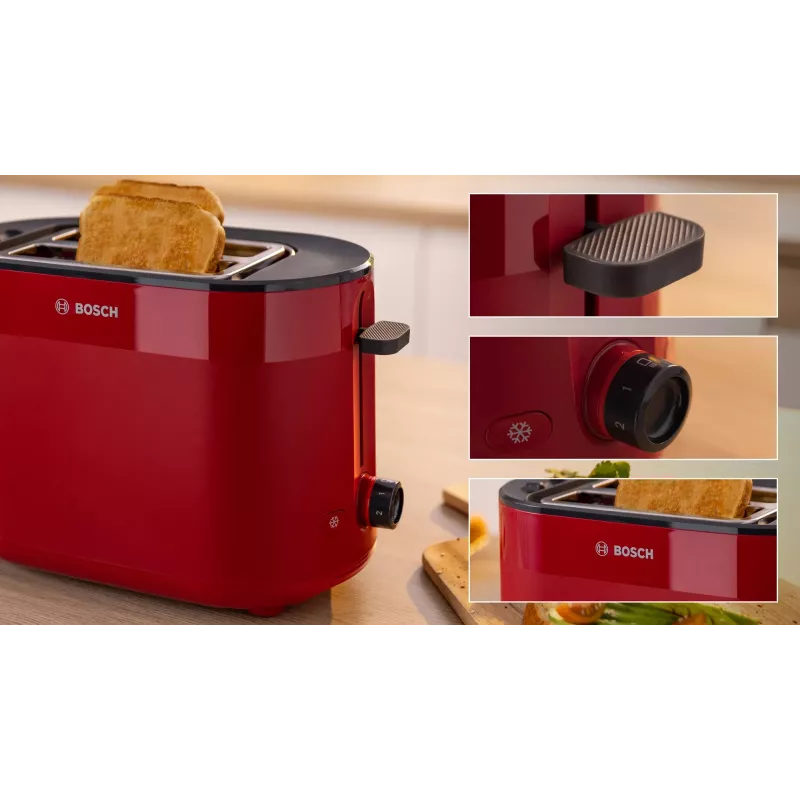 Leivänpaahdin Bosch TAT2M124 — 2 viipaletta 950 W, punainen, leivän keskitys, sulatus, nosto