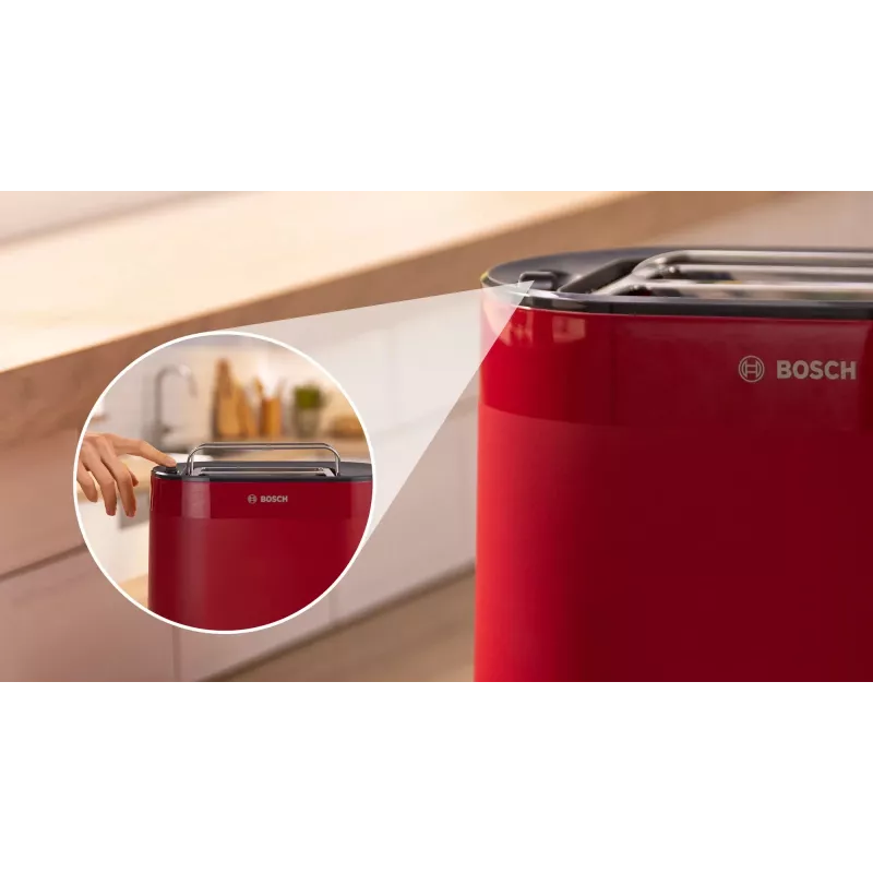 Leivänpaahdin Bosch TAT2M124 — 2 viipaletta 950 W, punainen, leivän keskitys, sulatus, nosto