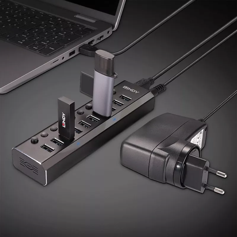 Lindy 10 portin USB 3.0 keskitin on/off-kytkimillä