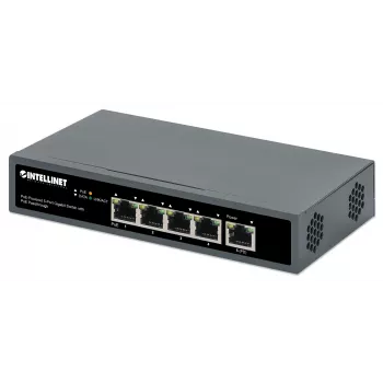 Intellinet 5-porttinen Gigabit-kytkin PoE Passthrough -toiminnolla, yksi IEEE 802.3bt (PoE++ / 4PPoE) PD PoE -portti 95 W virrankulutuksella, neljä PSE PoE -porttia, PoE-tehobudjetti jopa 65 W, IEEE 802.3at/af -yhteensopiva lähtö, pöytämalli, vaihtoehto seinäkiinnitykseen