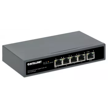 Intellinet 5-porttinen Gigabit-kytkin PoE Passthrough -toiminnolla, yksi IEEE 802.3bt (PoE++ / 4PPoE) PD PoE -portti 95 W virrankulutuksella, neljä PSE PoE -porttia, PoE-tehobudjetti jopa 65 W, IEEE 802.3at/af -yhteensopiva lähtö, pöytämalli, vaihtoehto seinäkiinnitykseen