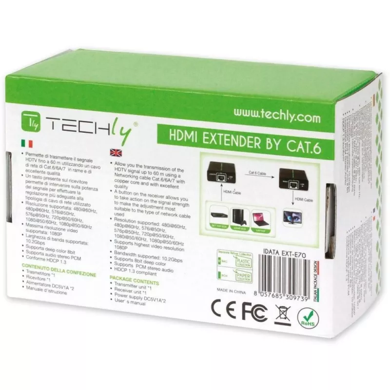 AV-lähetin ja -vastaanotin TECHLY IDATA EXT-E70 — HDMI-jatko Cat6/6a/7-kaapelilla, Full HD 1920x1080, 60 m, 10,2 Gbit/s, HDCP, musta