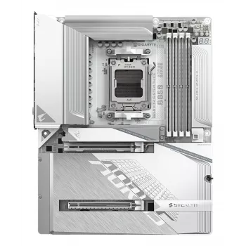 GIGABYTE B850 AORUS STEALTH ICE ATX-emolevy AMD Socket AM5 - B850, 14+2+2 VRM, DDR5 jopa 8200 MHz (OC), 2×PCIe5, 2×PCIe4 M.2, Wi‑Fi 7, 5GbE