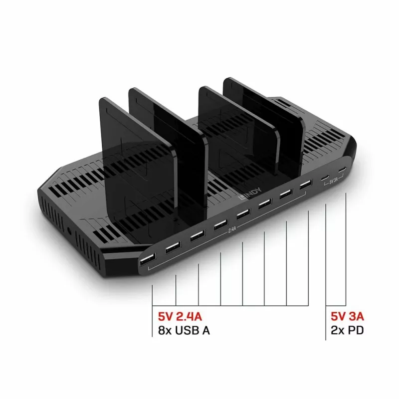 Lindy 120W 10-porttinen USB-latausasema