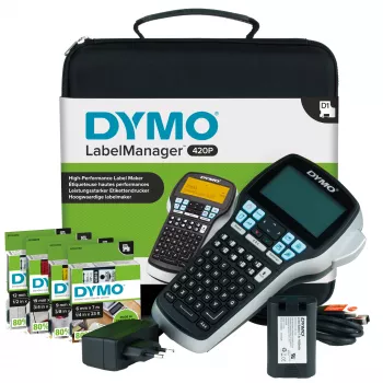 DYMO LabelManager 420P suurtehoinen tarratulostinsarja akkukäytöllä ja kannettava | ABC-näppäimistö 4 rullaa D1-tarroja & kantolaukku