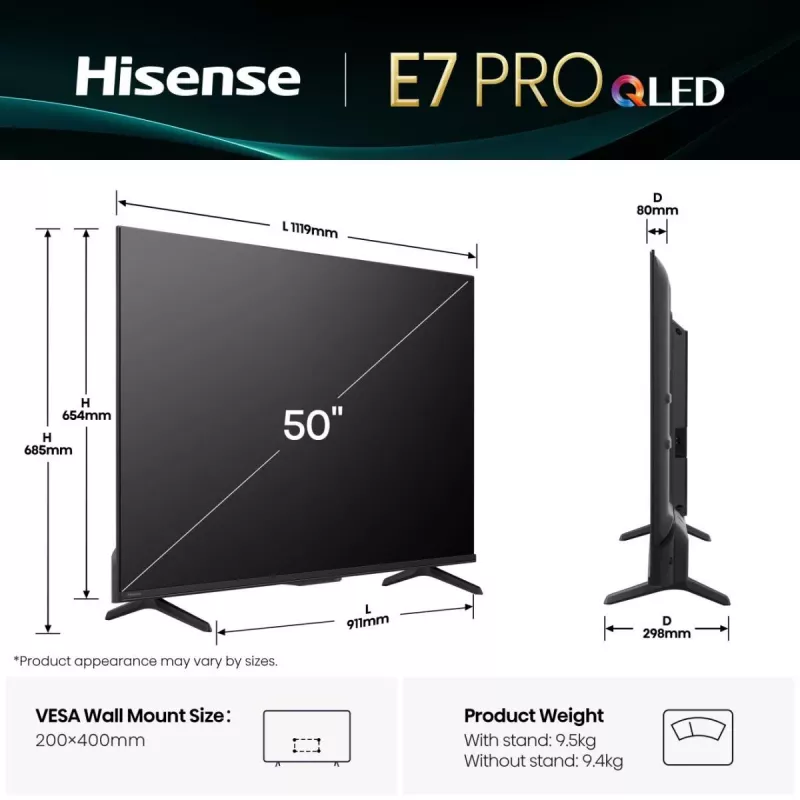 Hisense E7Q PRO 50E7Q PRO 127 cm (50 tuumaa) 4K Ultra HD Smart TV Wi-Fi musta