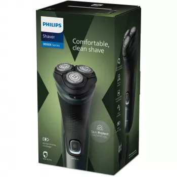 Sähköparranajokone Philips 3000X Series X3052/00 — pyörivä, 3-teräinen ajopää, märkä & kuiva, NiMH-akku, 45 min. käyttöaika, trimmeri, musta/vihreä