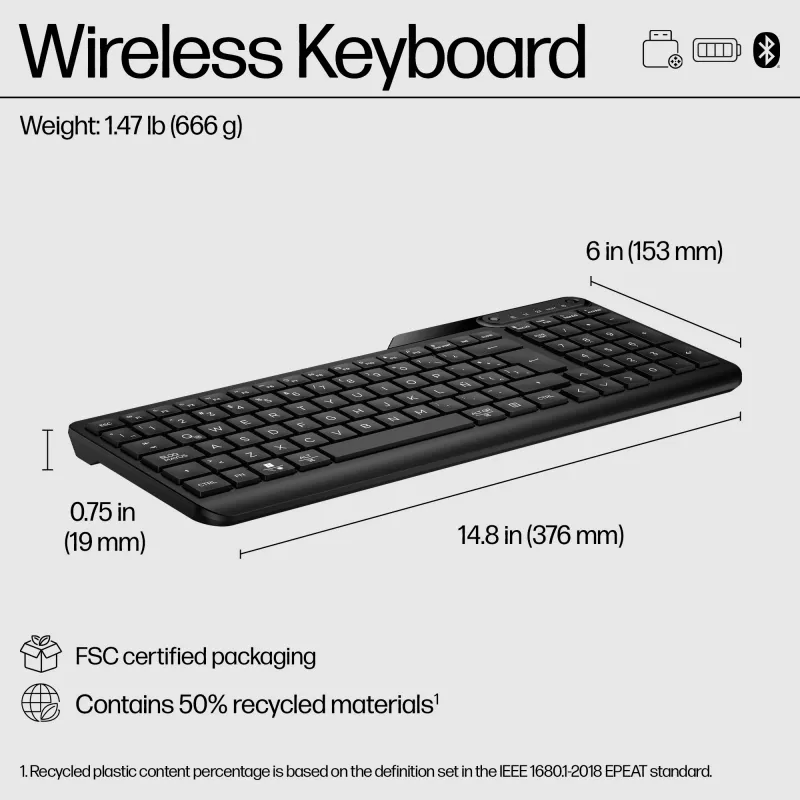 Funkmaus HP 475 Dual-Mode — täysikokoinen QWERTY, RF + Bluetooth 5.3, numeronäppäimistö, musta, 376×153×19 mm