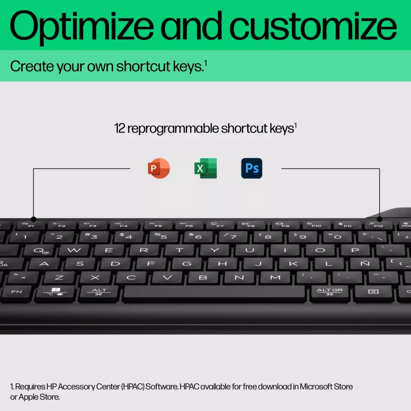 Funkmaus HP 475 Dual-Mode — täysikokoinen QWERTY, RF + Bluetooth 5.3, numeronäppäimistö, musta, 376×153×19 mm