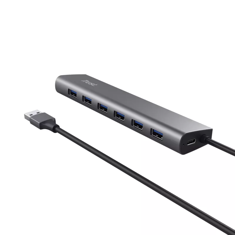 Trust Halyx 24967 7-porttinen USB-keskitin, USB 3.2 Gen 1, Type-A, 5000 Mbit/s, hopea