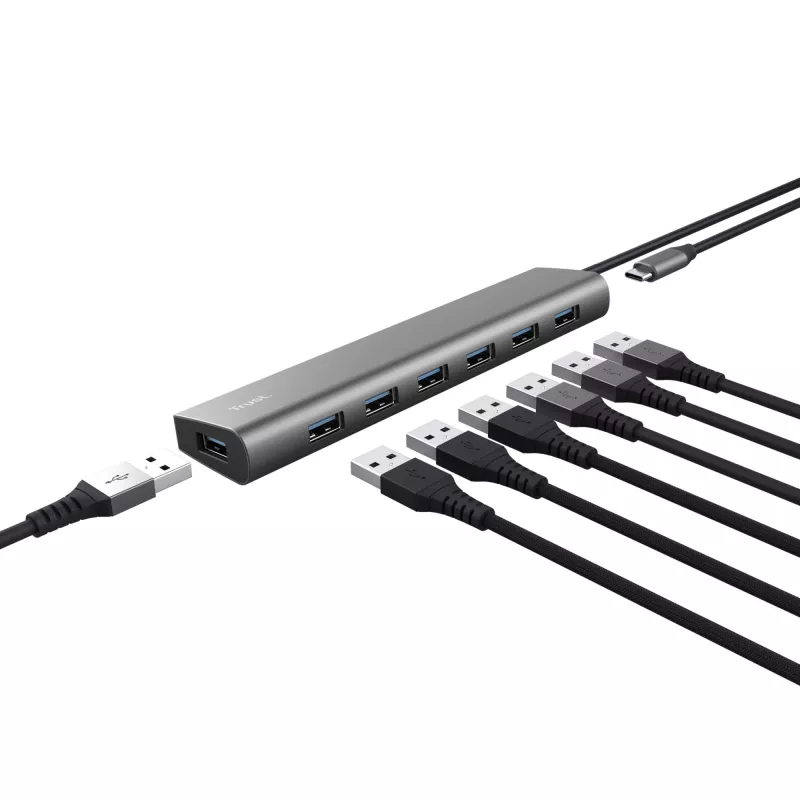 Trust Halyx 24967 7-porttinen USB-keskitin, USB 3.2 Gen 1, Type-A, 5000 Mbit/s, hopea