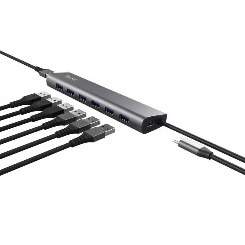 Trust Halyx 24967 7-porttinen USB-keskitin, USB 3.2 Gen 1, Type-A, 5000 Mbit/s, hopea