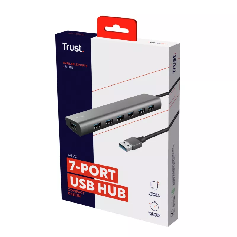 Trust Halyx 24967 7-porttinen USB-keskitin, USB 3.2 Gen 1, Type-A, 5000 Mbit/s, hopea