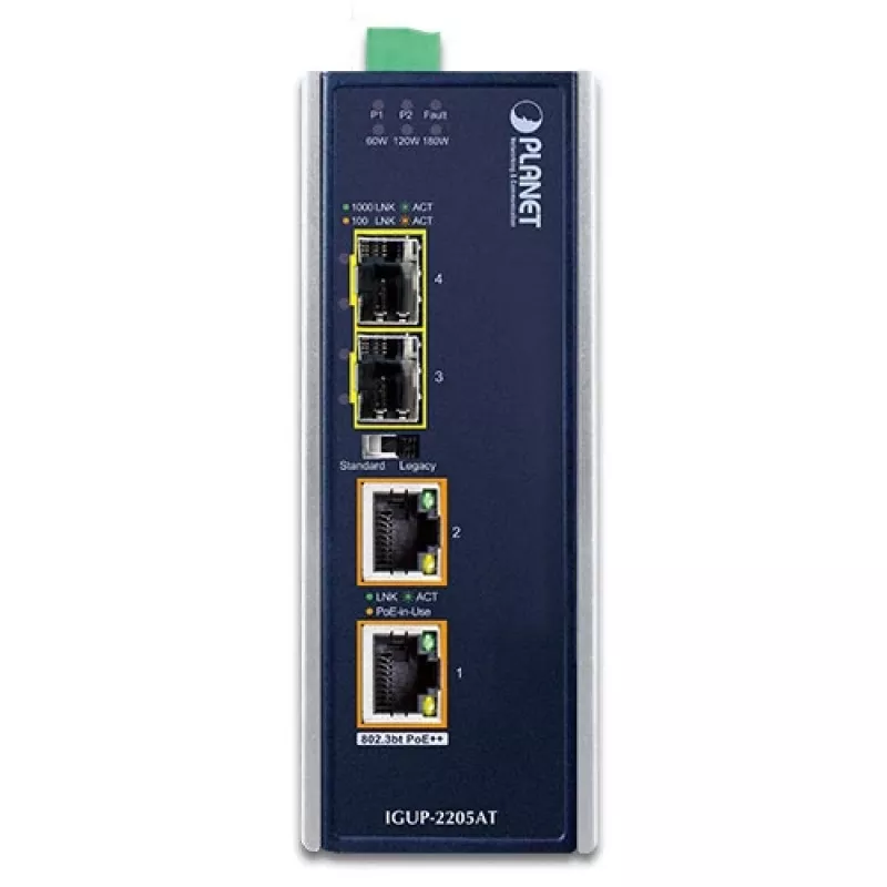PLANET IGUP-2205AT teollinen mediamuunnin, 2-porttinen 100/1000X SFP – 2-porttinen 10/100/1000T, PoE 90 W, 12-48 V, metallinen, sininen