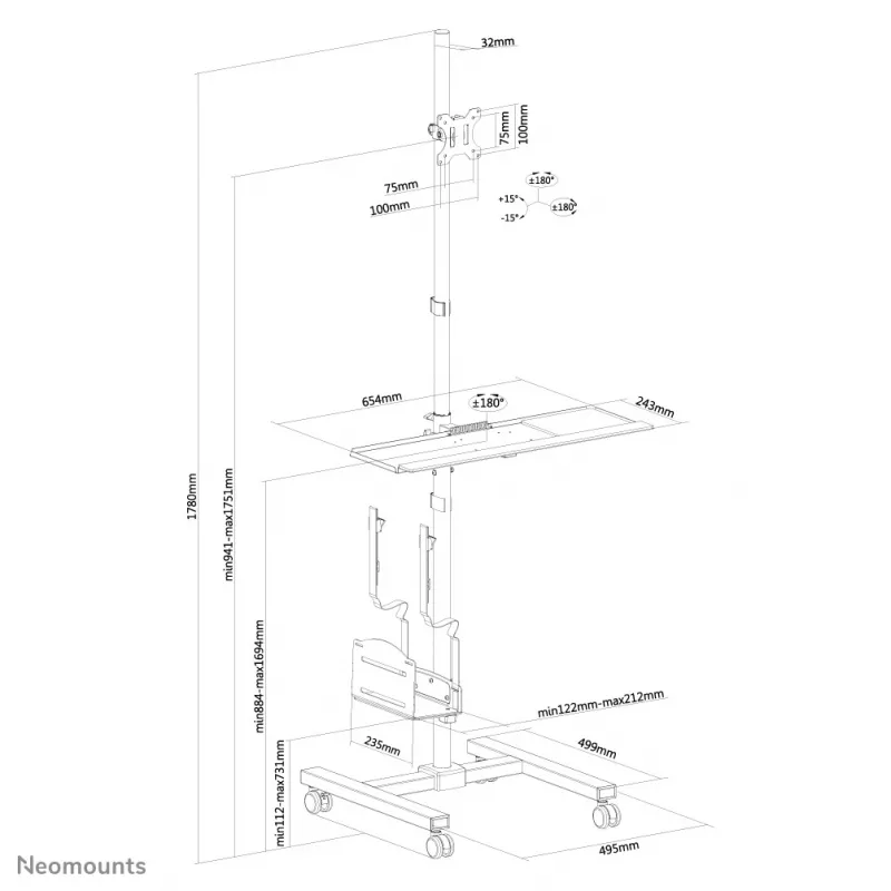 Neomounts FPMA-MOBILE1700 liikuteltava työasema, 10-32 tuumaa (25,4-81,3 cm), enintään 8 kg, VESA 75x75-100x100, korkeus 94-175 cm, teräs, musta