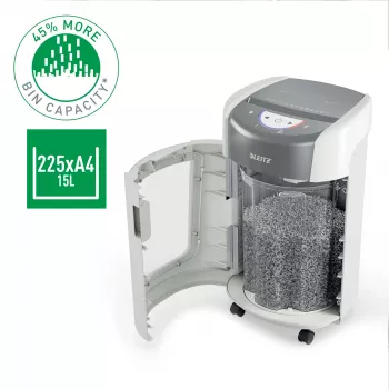 Leitz IQ OptiMax Home Office 225 mikrosilppuri turvataso P5 15 L – valkoinen