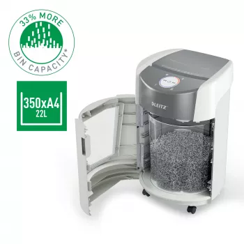 Leitz IQ OptiMax Small Office 350 mikrosilppuri turvataso P5 22 L – valkoinen
