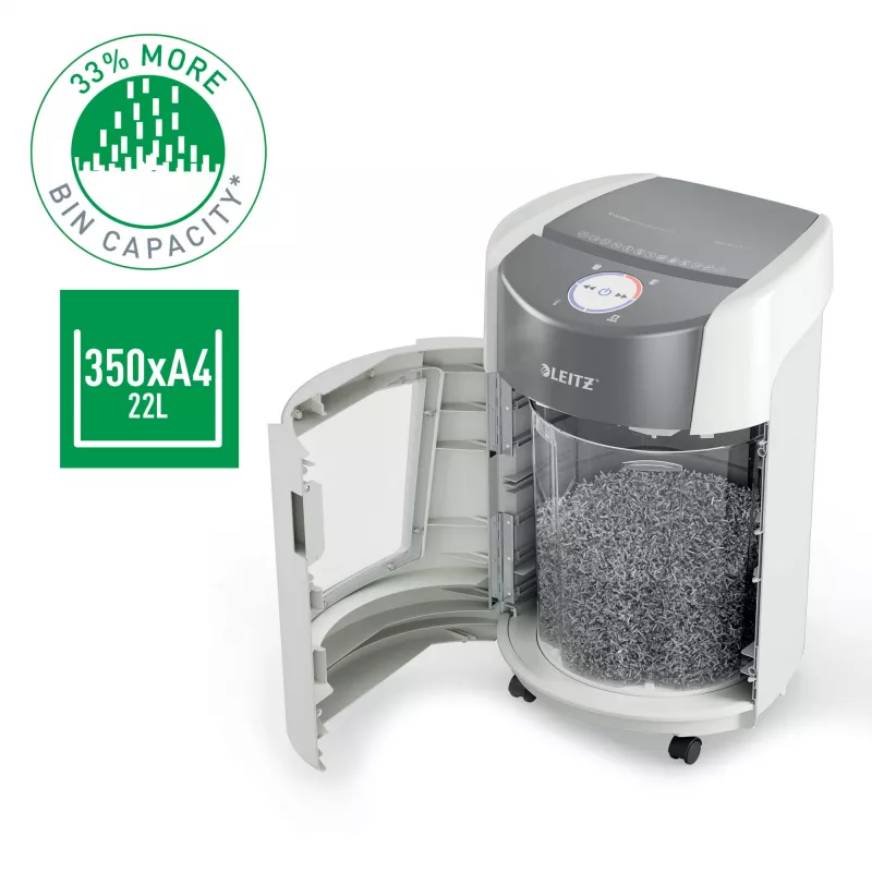 Leitz IQ OptiMax Small Office 350 mikrosilppuri turvataso P5 22 L – valkoinen