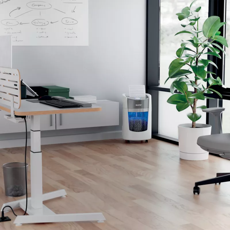 Leitz IQ OptiMax Small Office 350 mikrosilppuri turvataso P5 22 L – valkoinen