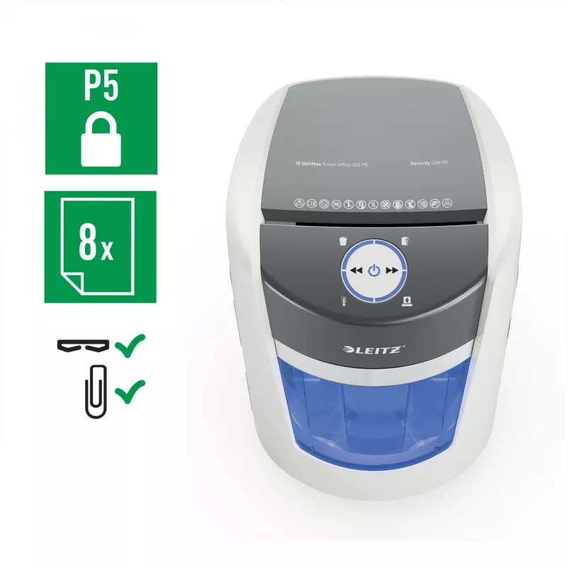 Leitz IQ OptiMax Small Office 350 mikrosilppuri turvataso P5 22 L – valkoinen