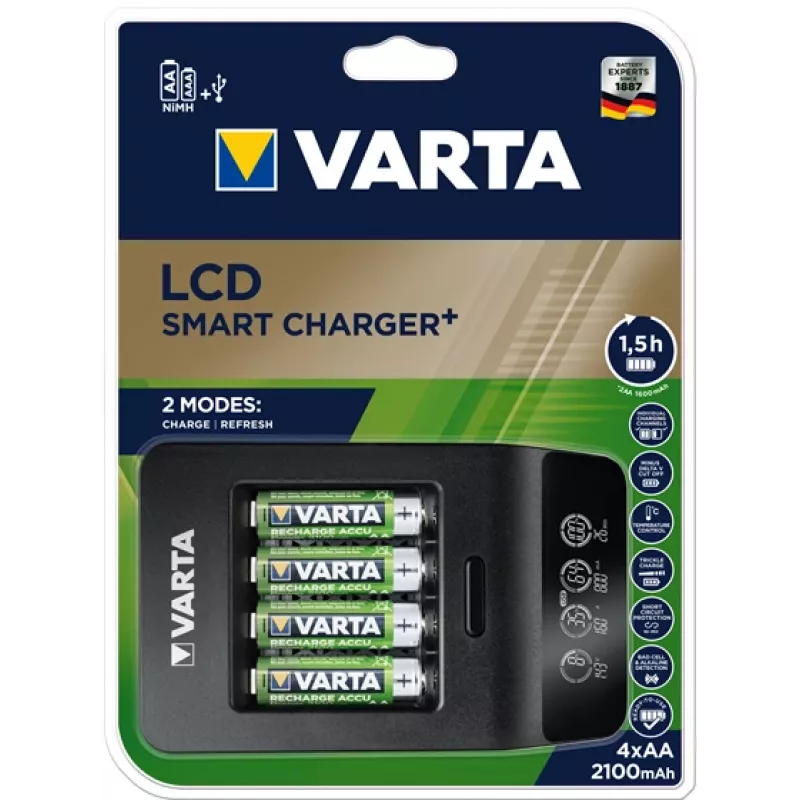 VARTA LCD Smart Charger+ ja 4 AA-paristoa 2100 mAh